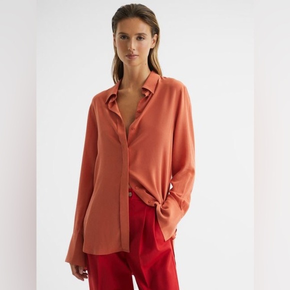 REISS Orange EDEN 💯 Silk long‎ sleeve button down shirt size 4 - Picture 2 of 16